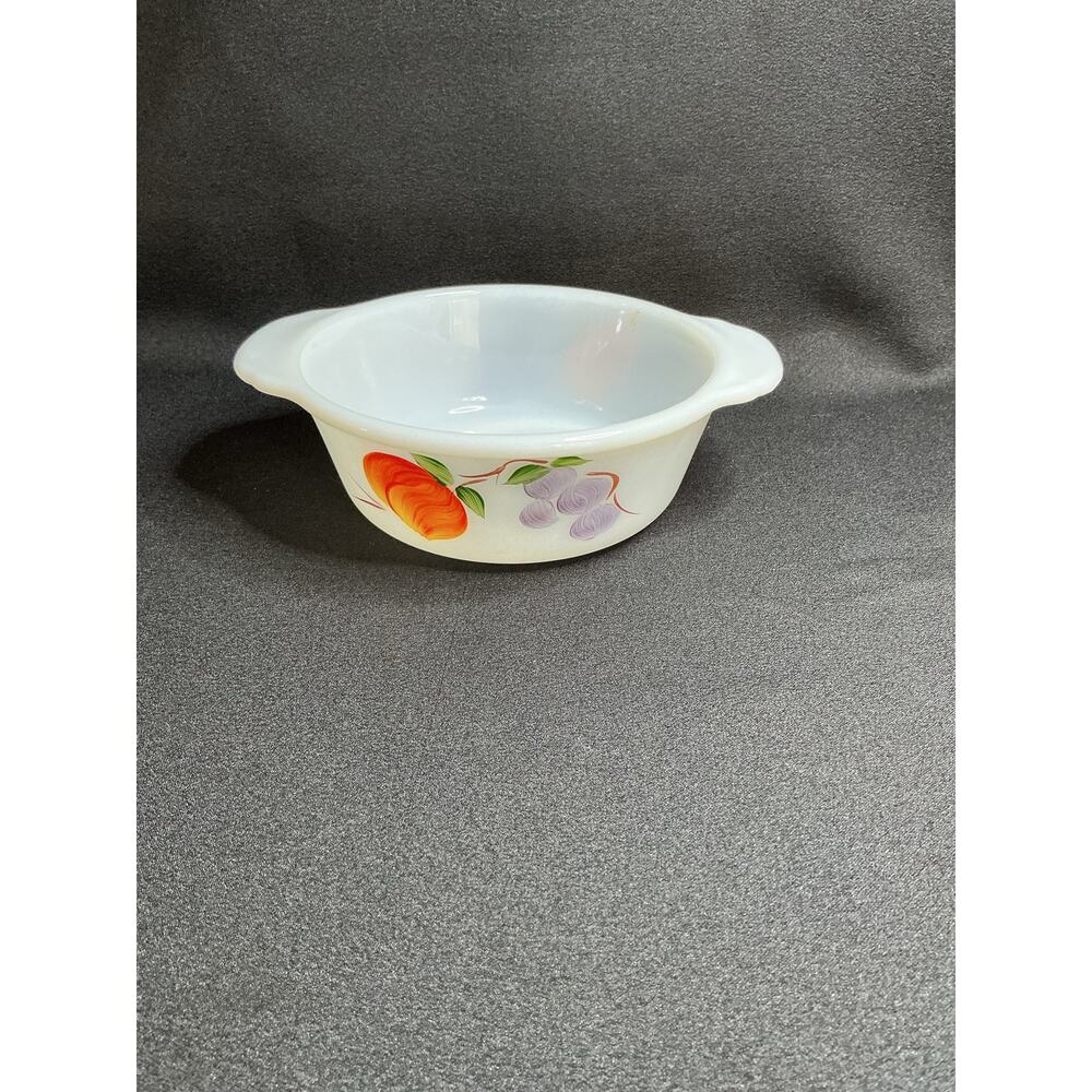 Vintage Fire King Gay Fad Hand Painted Fruits 1 Pint Milk Glass Casserole
